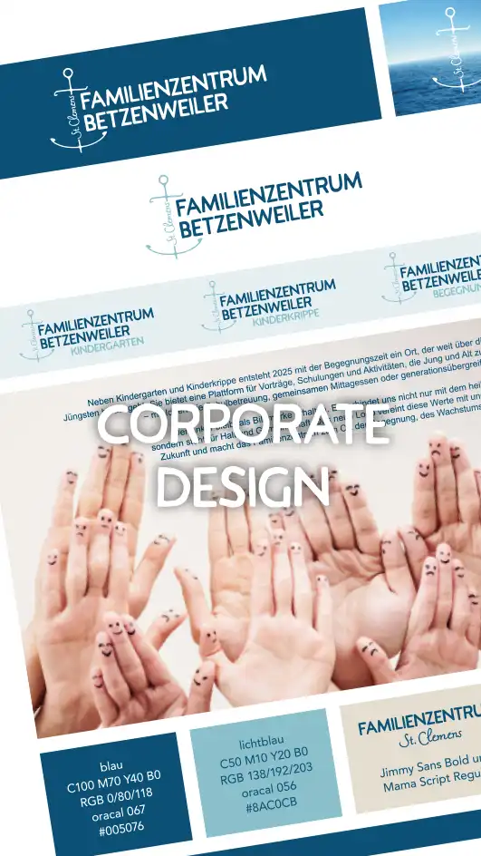 Logoentwicklung Kindergarten Familienzentrum mit Corporate Design im Entwurf und Farbkonzept Familienzentrum klar strukturiert