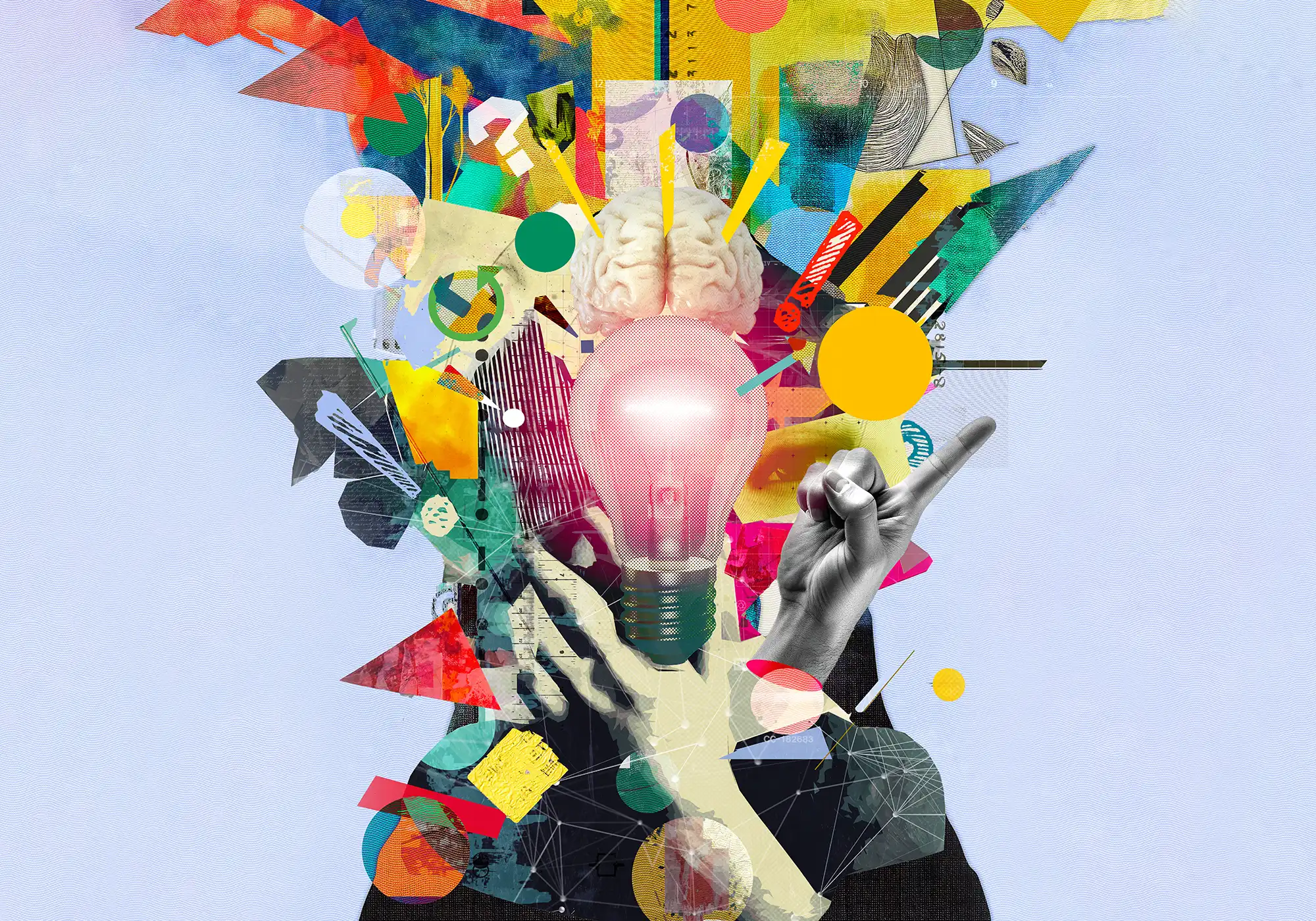 Kreative Collage mit Kopf, Gehirn, Glühbirne und Hand als Sinnbild für Sprache, Denken und Lesefluss beim richtig gendern