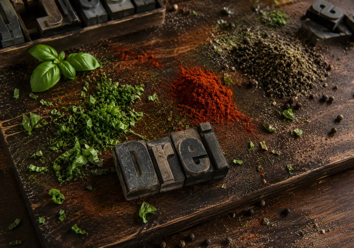 Vintage-Letter aus Holz mit dem Wort „Drei“ auf einem Gewürzbrett zwischen verschiedenen Gewürzen als Sinnbild für ein markantes Erscheinungsbild